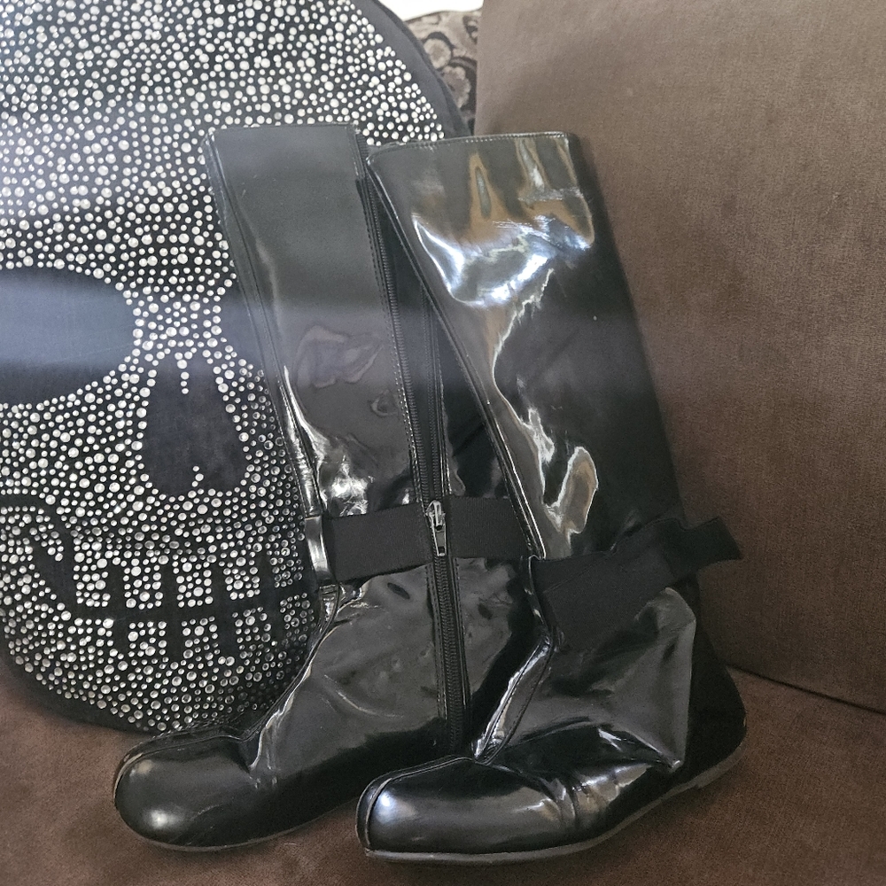 Shiny Black Knee-High Boots Joyfolie